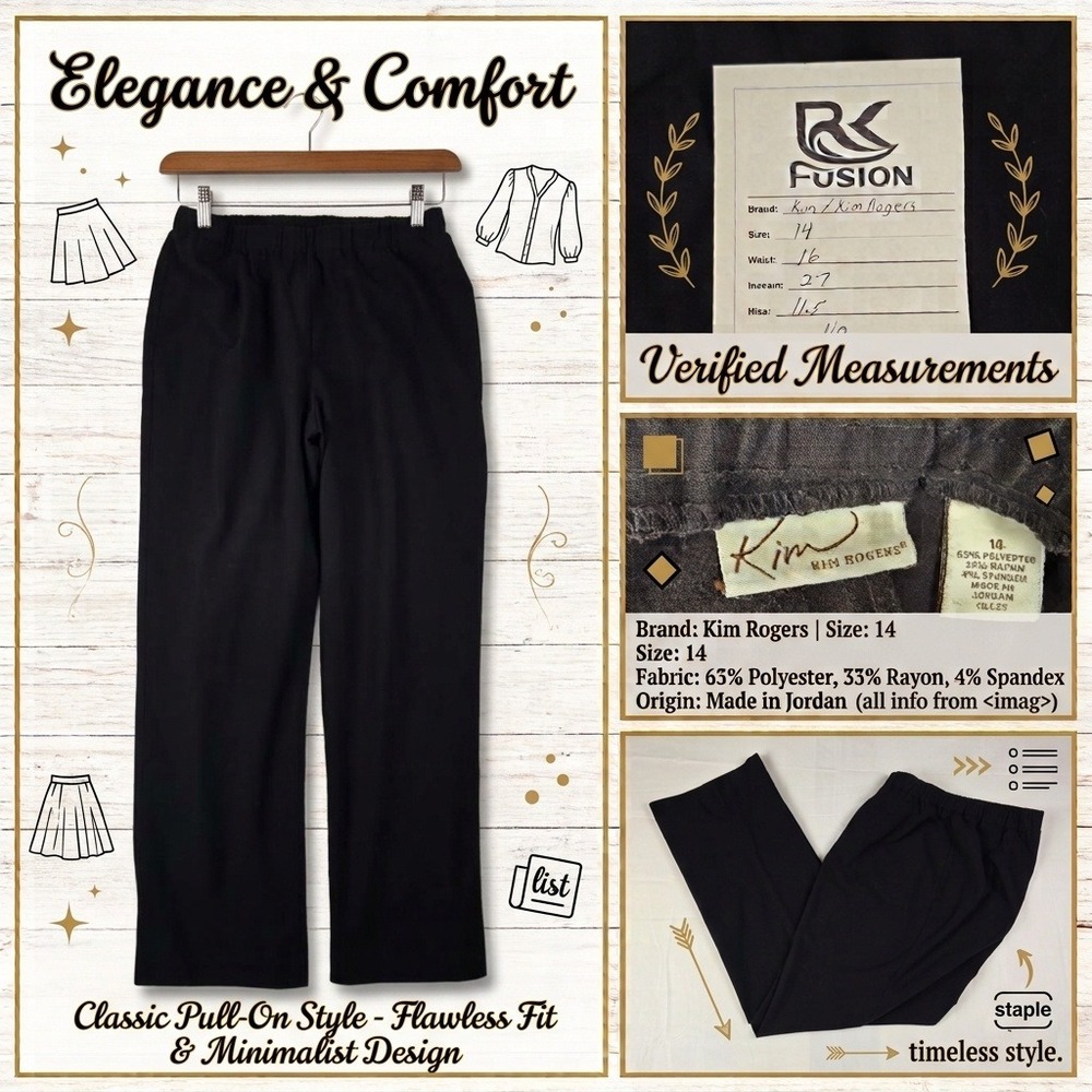 Kim Rogers Womens Size 14 Black Pull On Straight Leg Elastic Waist Dress Pants